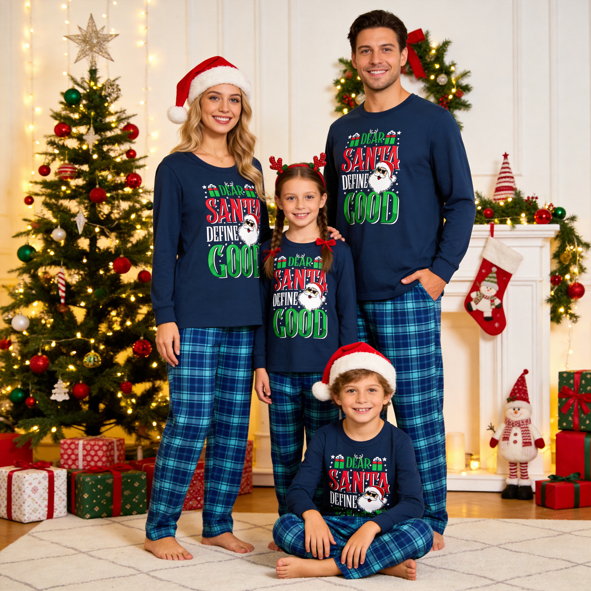 "Dear Santa Define Good" Slogan Printed Blue Plaid Family Matching Pajamas