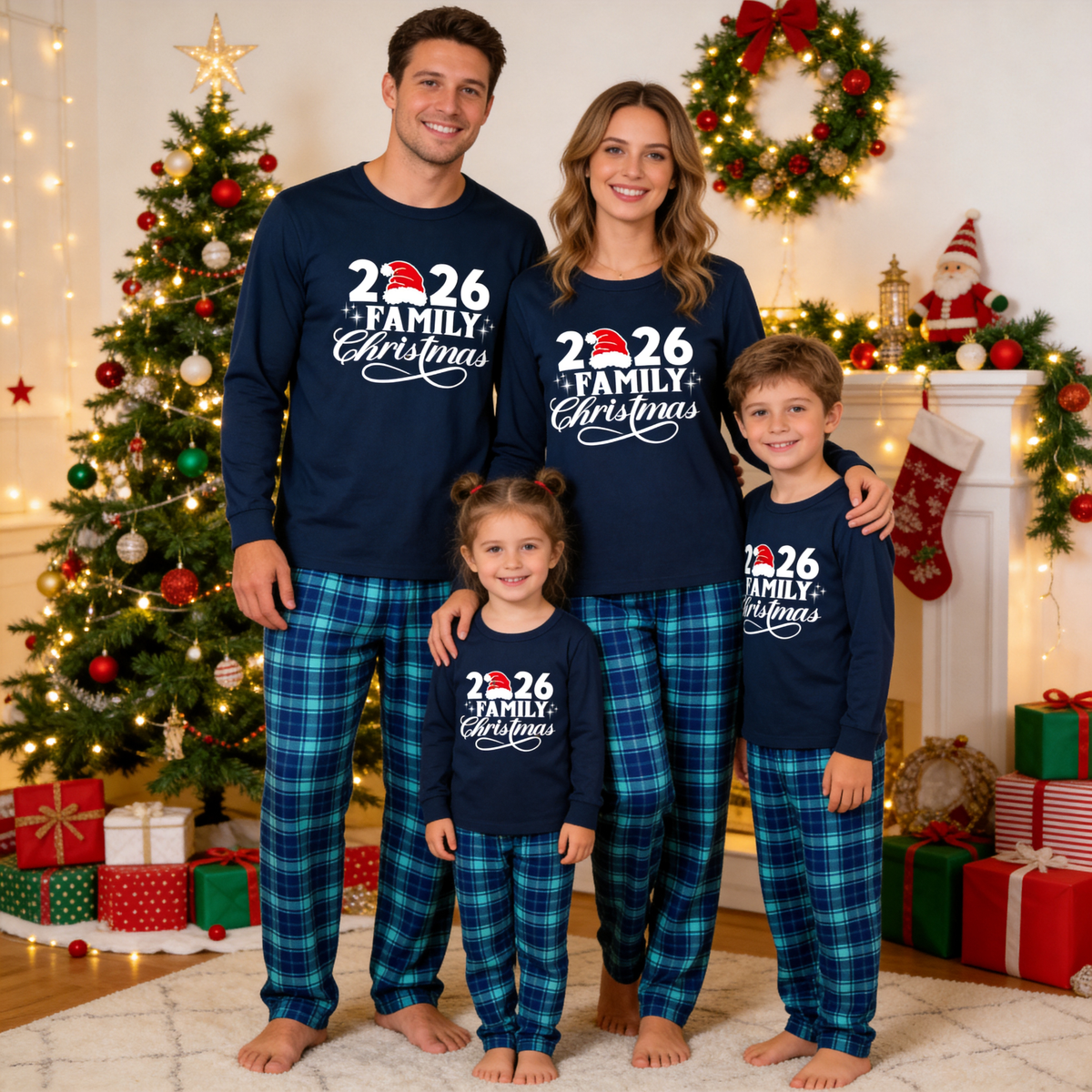 "2026 Family Christmas" Text Print Blue Plaid Christmas Matching Pajamas