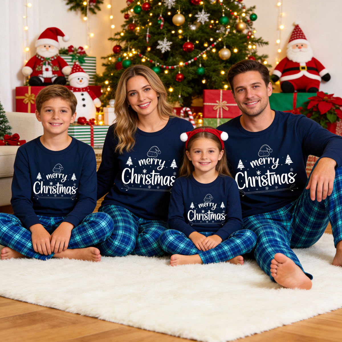 "Merry Christmas" White Letter 2026 Blue Long Sleeve Top With Blue Plaid Family Matching Pajamas