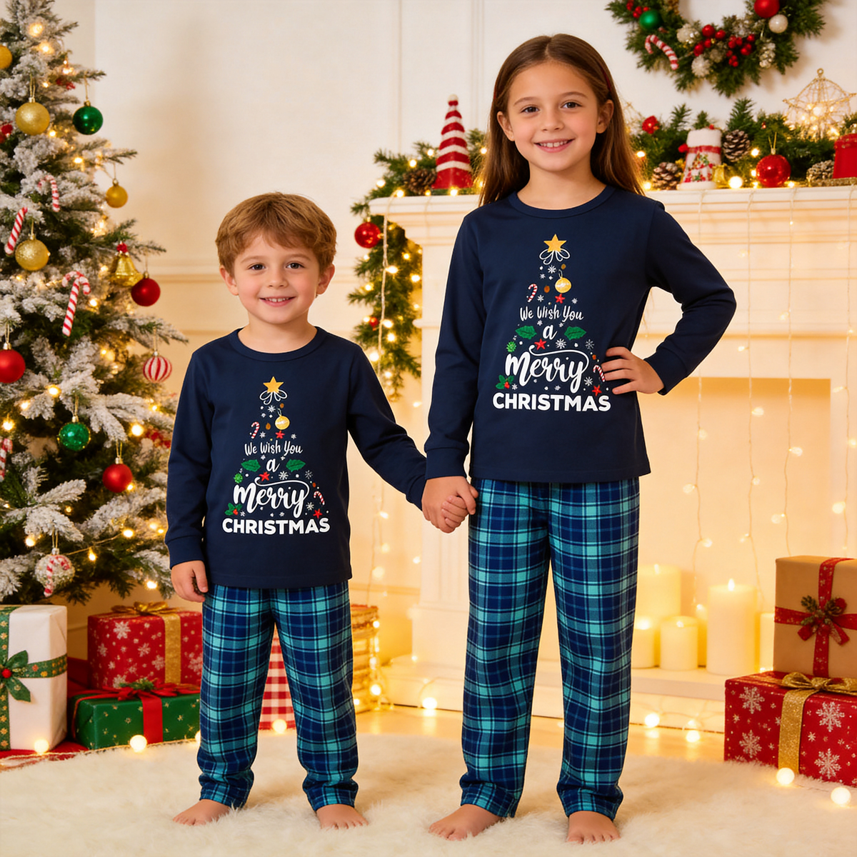 "We Wish You a Merry Christmas" Printed Blue Long Sleeve Top With Blue Plaid Family Matching Pajamas