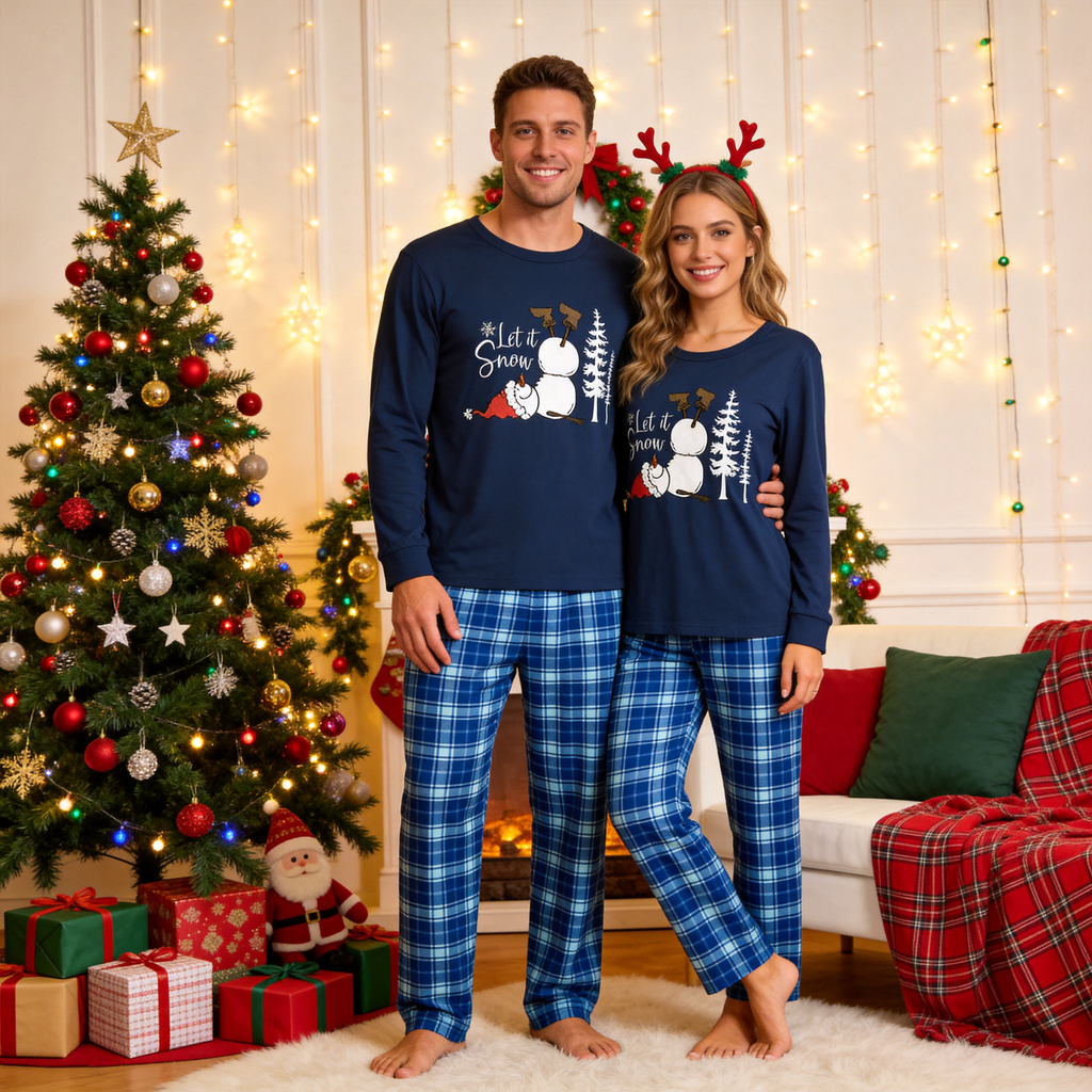 "Let it Snow" Slogan and Snowman Printed Blue Plaid Christmas Family Matching Pajamas