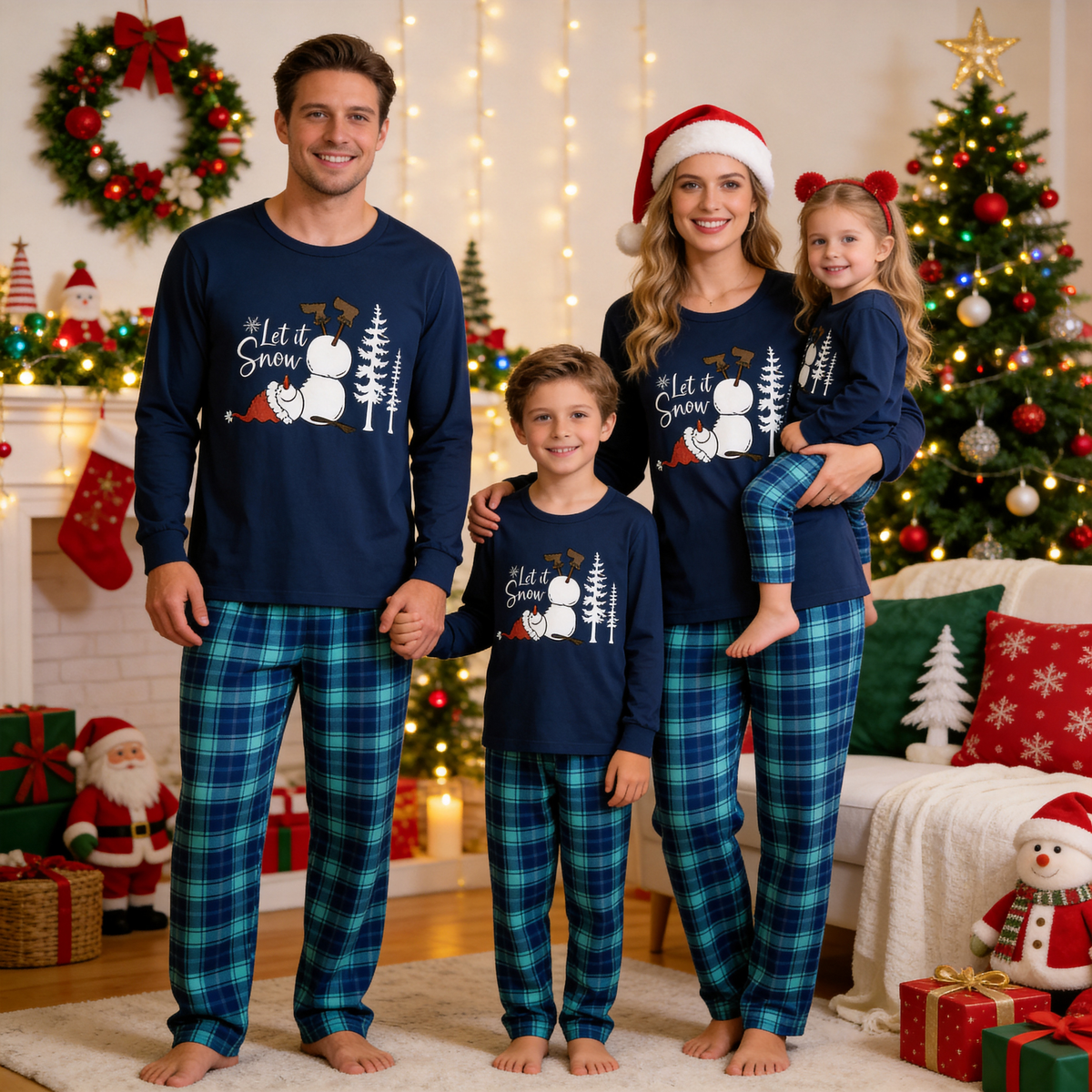 "Let it Snow" Slogan and Snowman Printed Blue Plaid Christmas Matching Pajamas