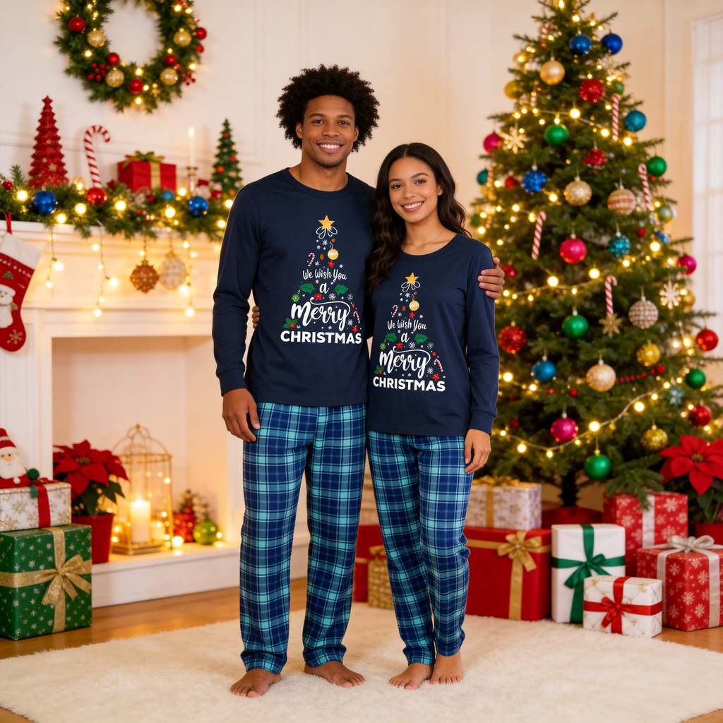"We Wish You a Merry Christmas" Printed Blue Long Sleeve Top With Blue Plaid Family Matching Pajamas