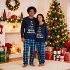 "We Wish You a Merry Christmas" Printed Blue Long Sleeve Top With Blue Plaid Family Matching Pajamas