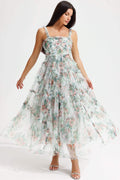 Floral Cami Tapered Waist Frill Hem Midi Dress Green