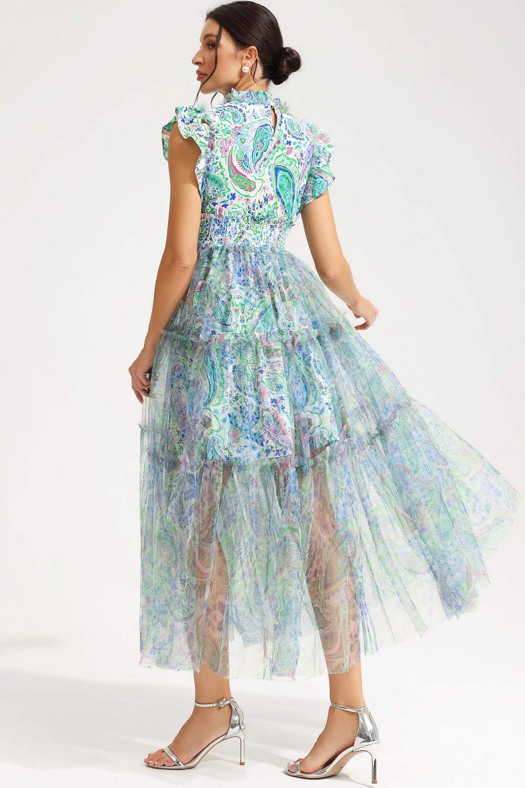Abstract Print Flutter Sleeve Crew Collar Midi Dress