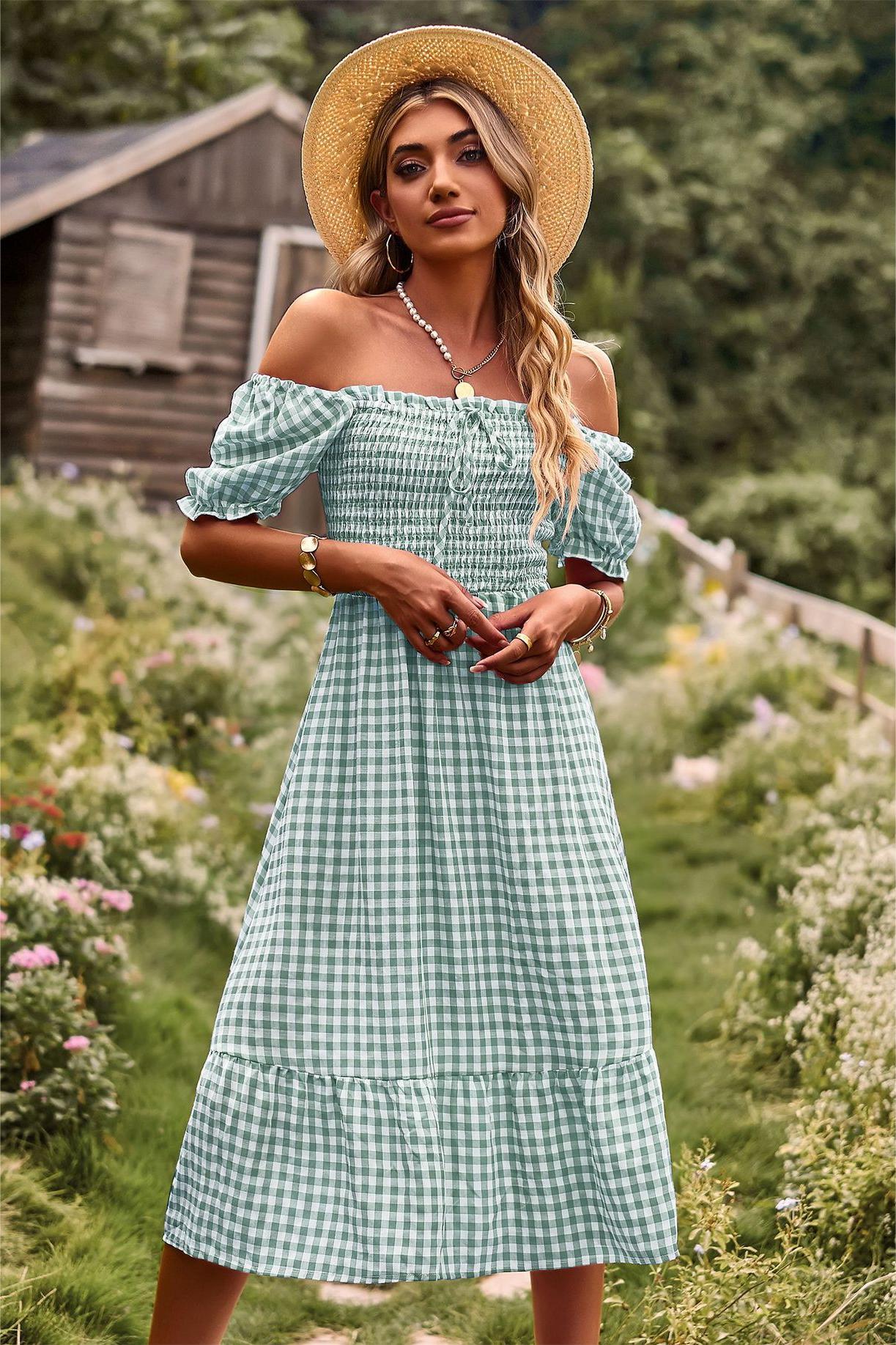 Plaid Square Collar Short Sleeve Midi Dress