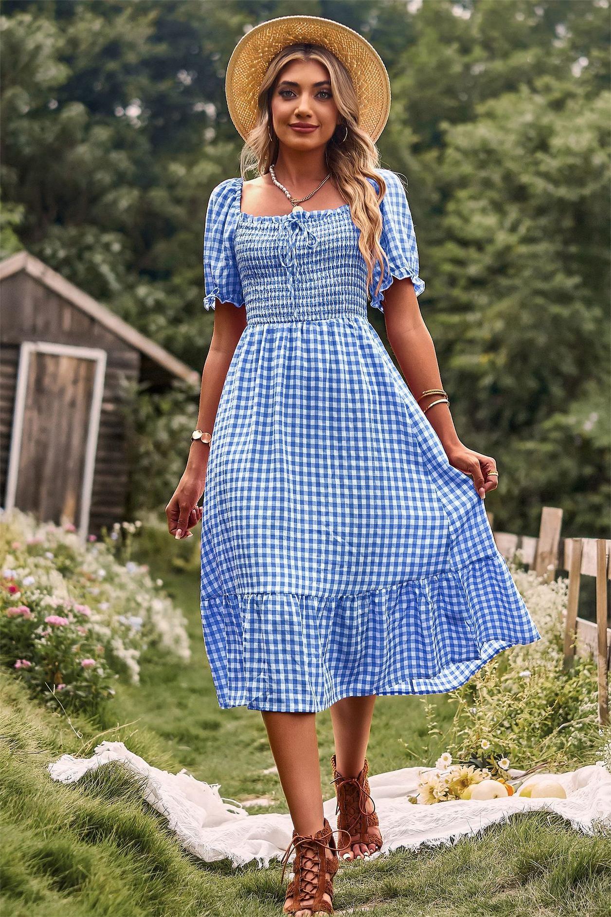 Plaid Square Collar Short Sleeve Midi Dress