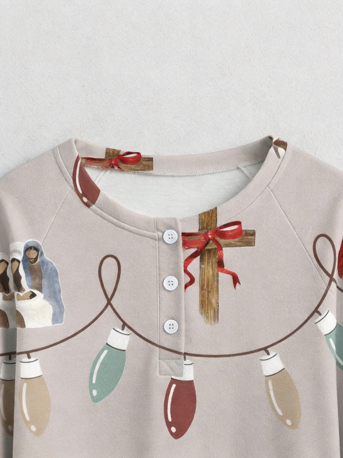 Religious Nativity & Christmas Lights Two-Piece Henley Neck Holiday Couple Pajamas