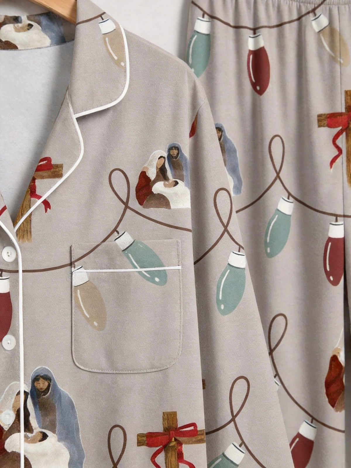 Two-Piece Set Nativity Light String Print Family Christmas Two-Piece Button-Down PJS Long Sleeve Top and Pants with Pockets Winter Holiday Sets