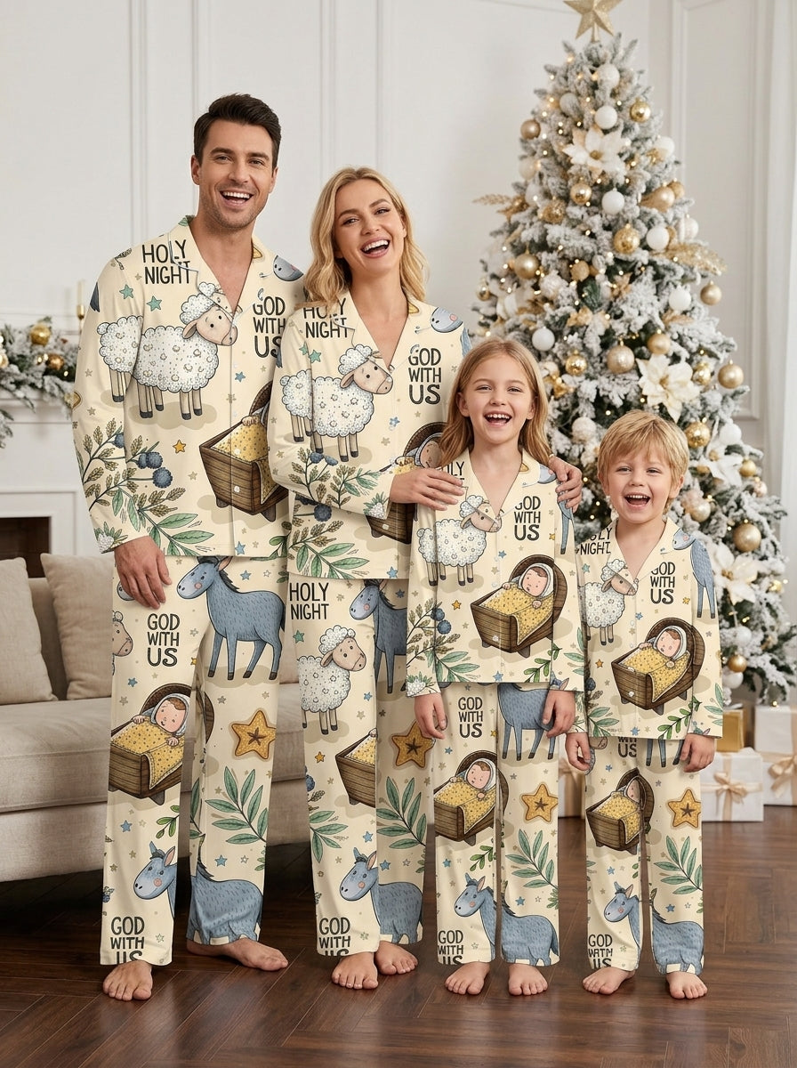Two-Piece Set Holy Night Manger Scene Print Family Christmas Two-Piece Button-Down PJS Long Sleeve Top and Pants with Pockets Winter Holiday Sets