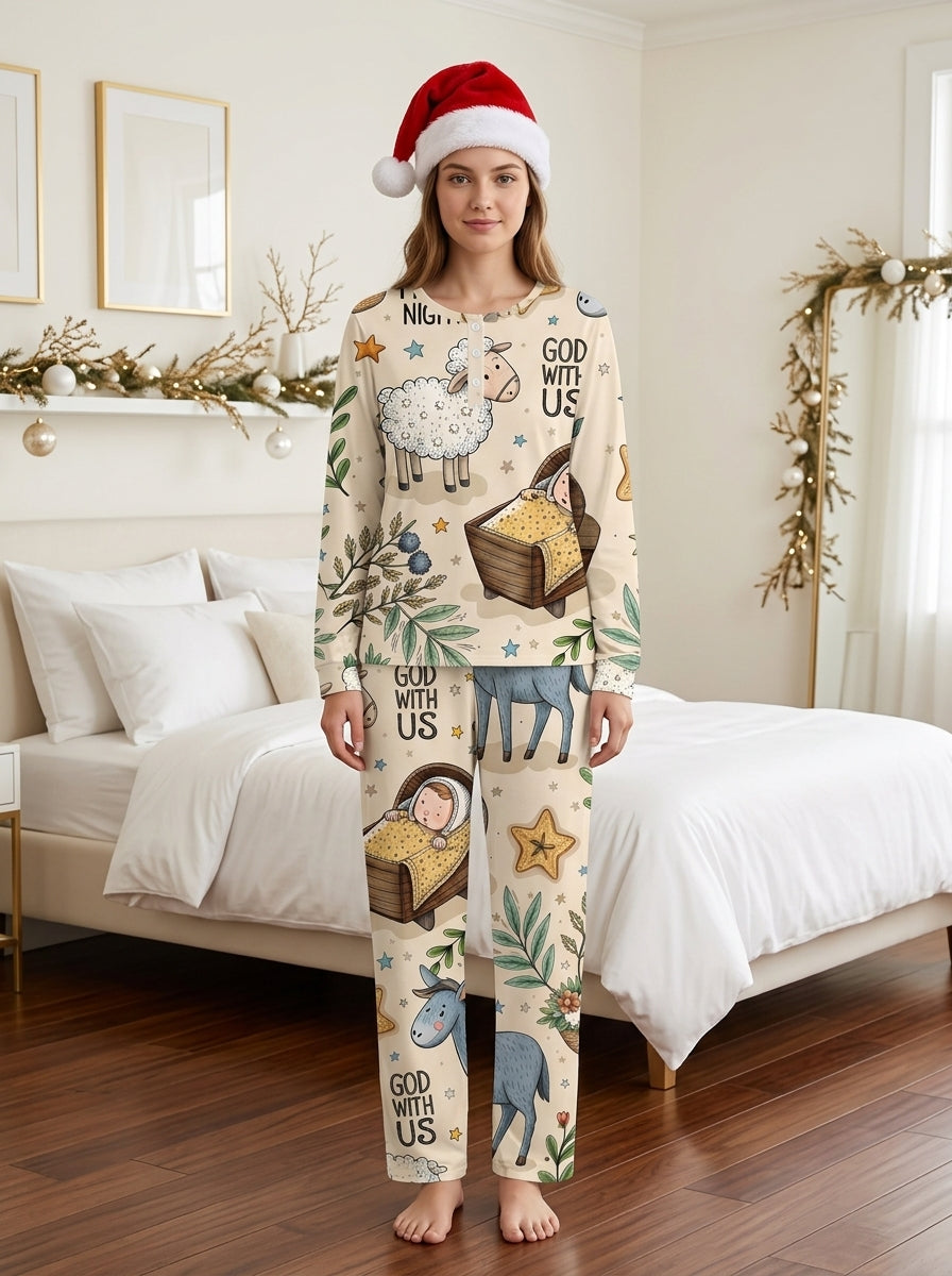 Cute Nativity Sheep & God With Us Two-Piece Henley Neck Christmas Couple Pajamas
