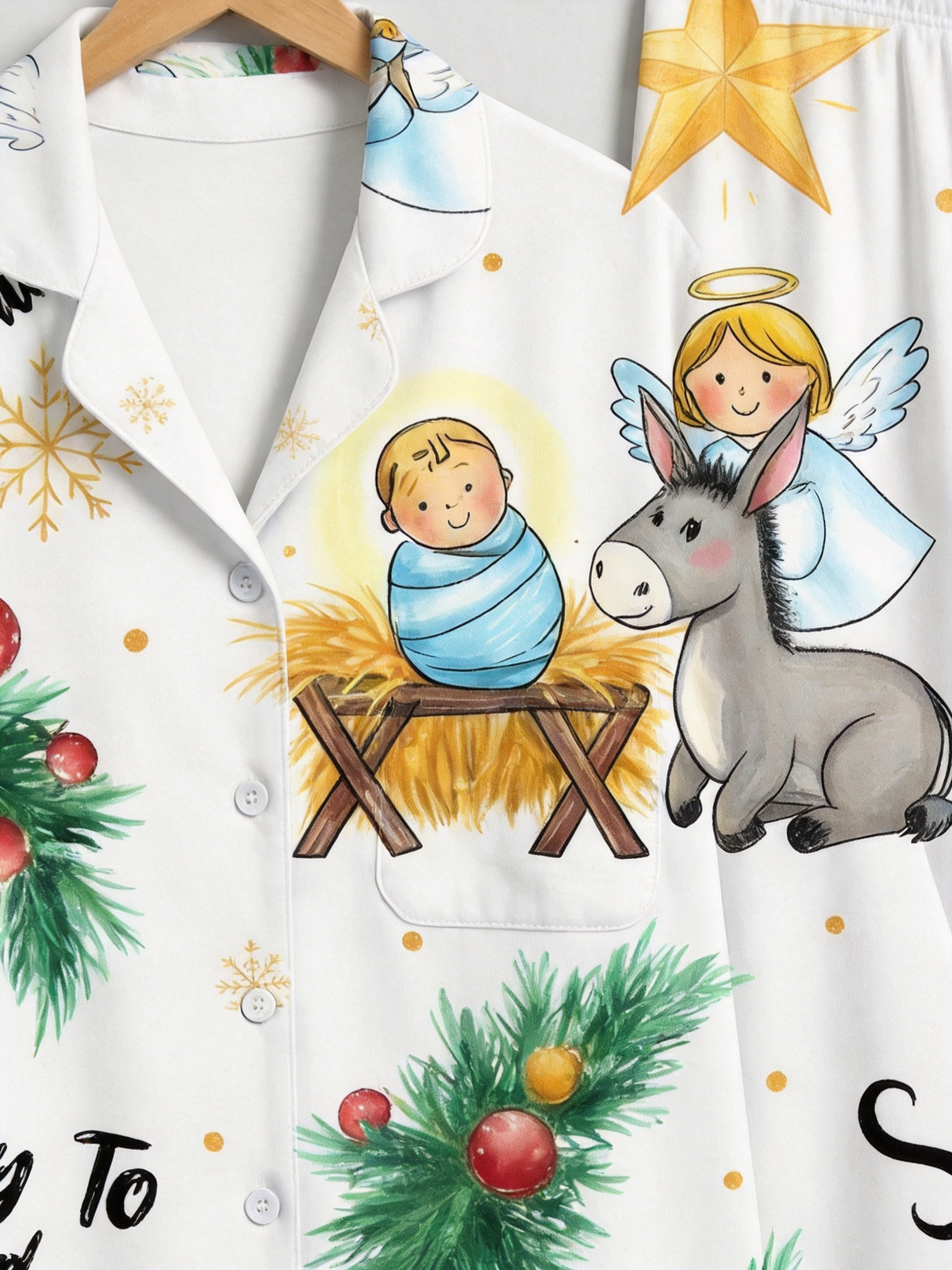 Two-Piece Set Glory To God Angel Print Family Christmas Two-Piece Button-Down PJS Long Sleeve Top and Pants with Pockets Winter Holiday Sets