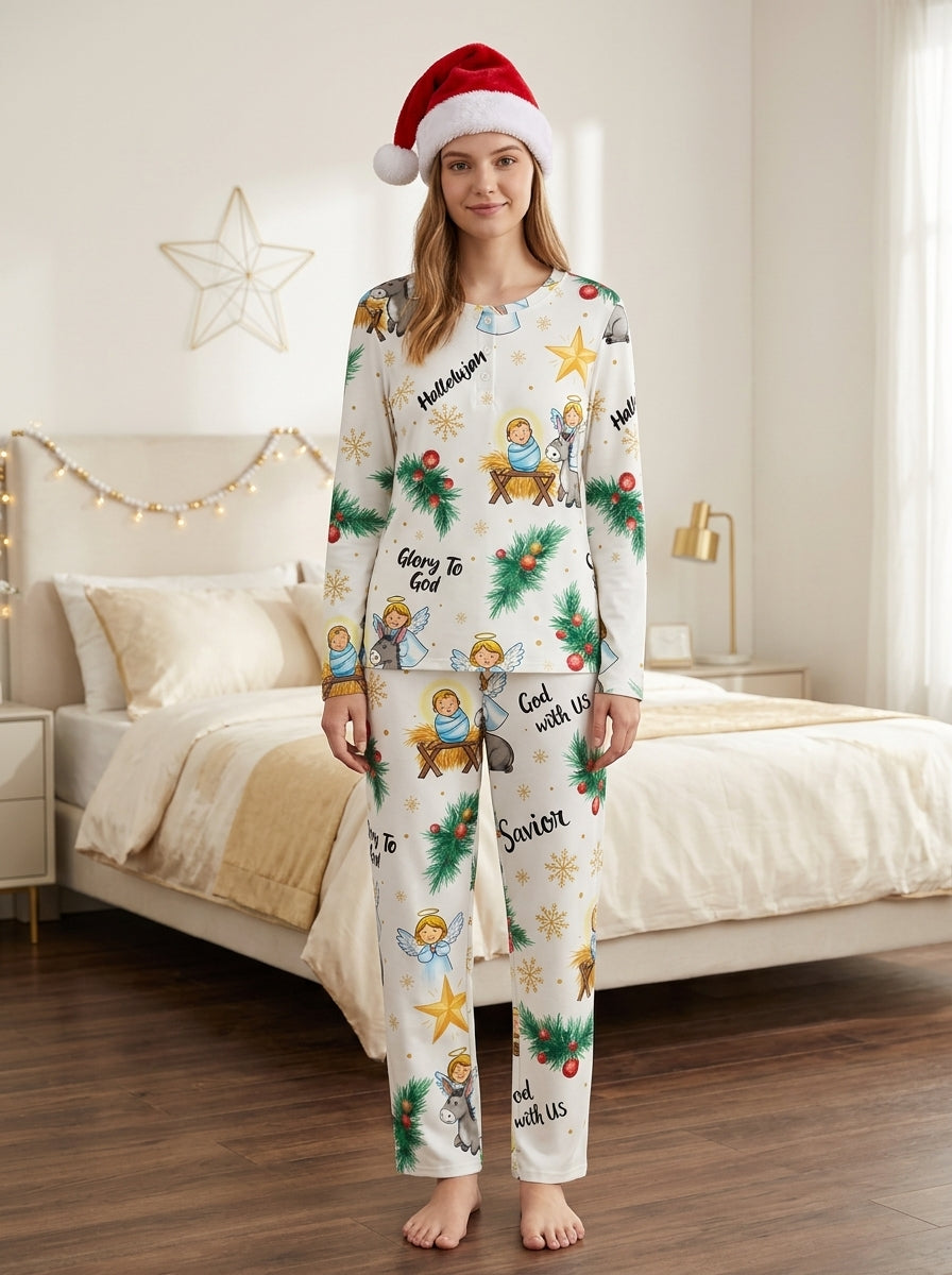 Religious Angel & Nativity Scene Two-Piece Henley Neck Christmas Couple Pajamas