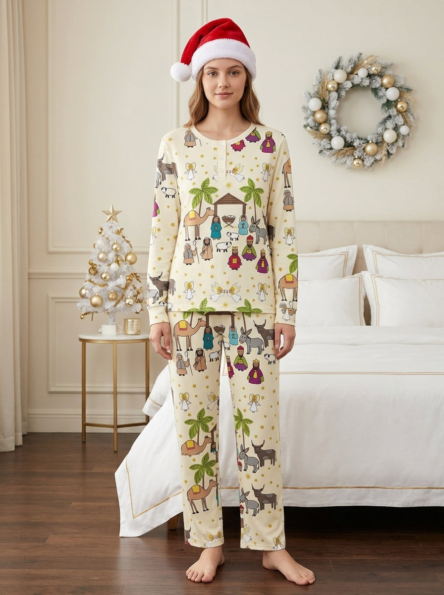 Cute Nativity Camel & Three Wise Men Two-Piece Henley Neck Christmas Couple Pajamas