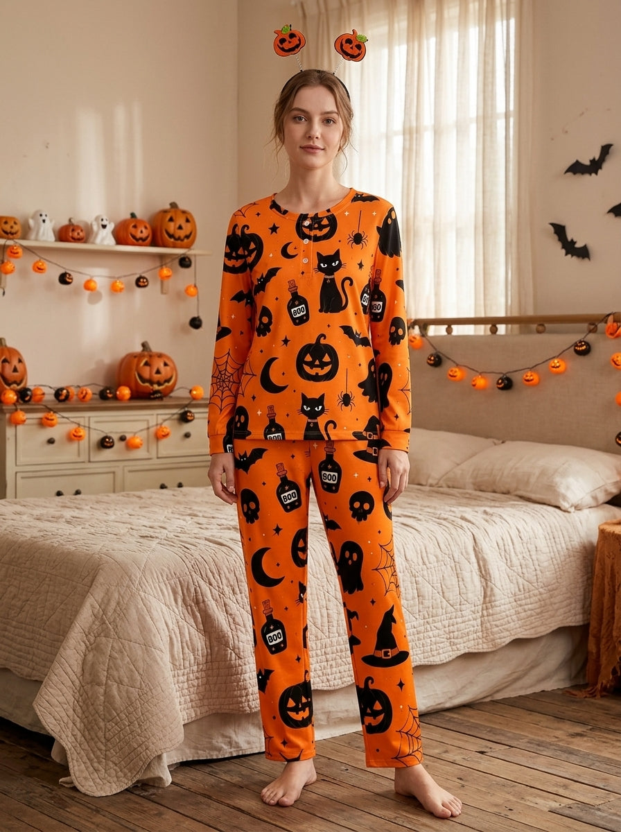 Funny Halloween Pumpkin & Black Cat Two-Piece Henley Neck Holiday Couple Pajamas