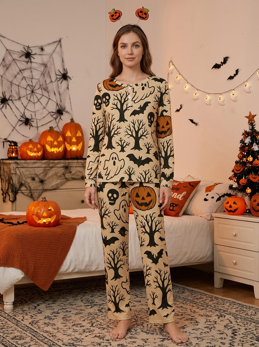 Spooky Halloween Ghost & Bare Tree Two-Piece Henley Neck Holiday Couple Pajamas