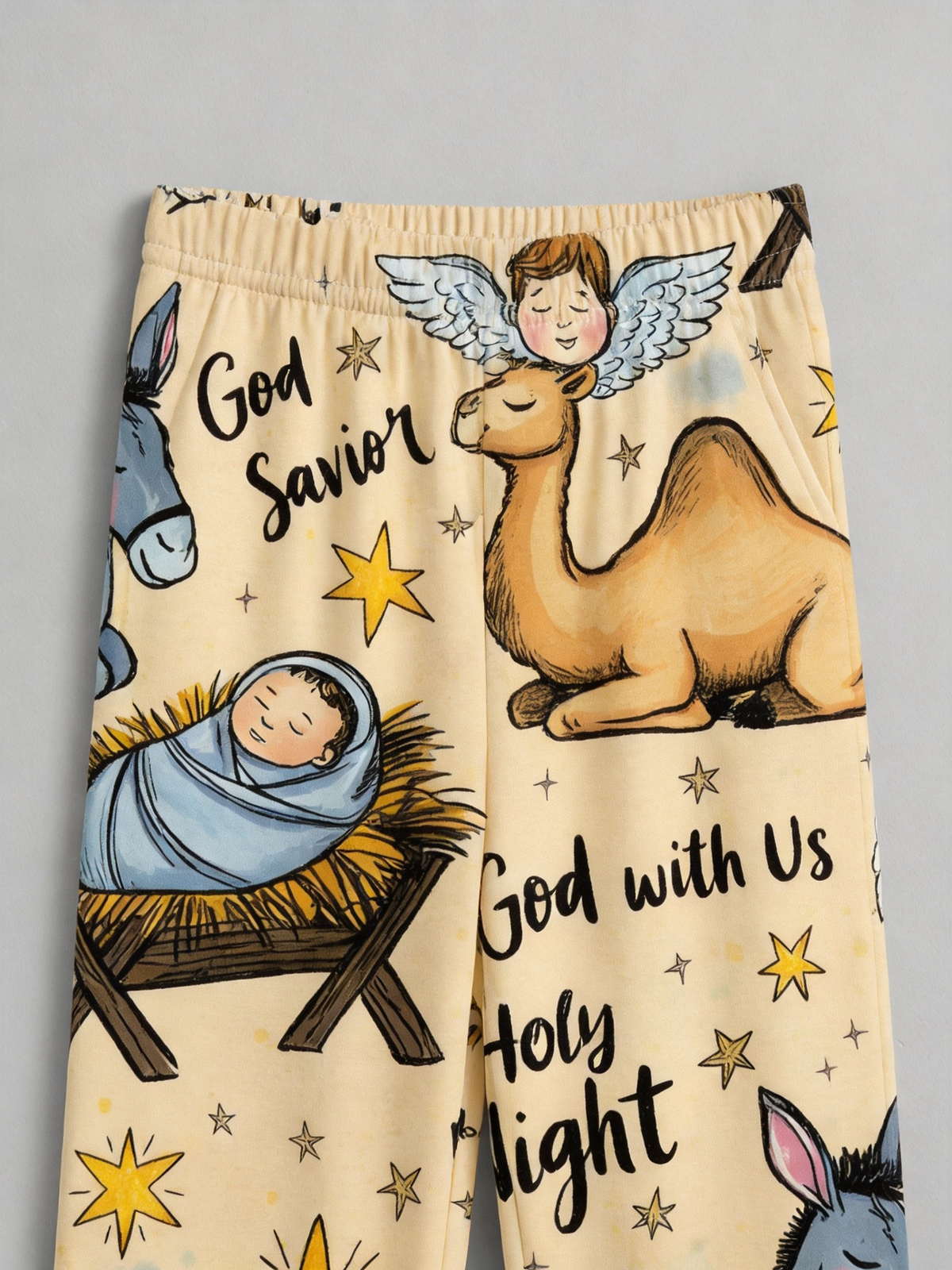 Cute Nativity Scene Baby Jesus & Camel Two-Piece Henley Neck Christmas Couple Pajamas