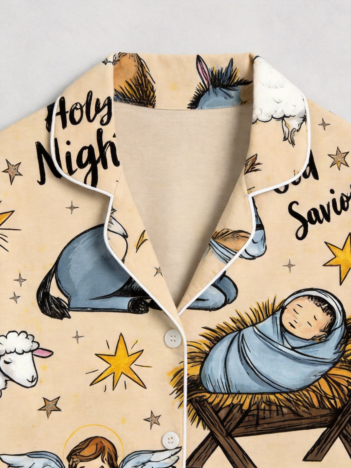 Two-Piece Set Holy Night Baby Jesus Print Family Christmas Two-Piece Button-Down PJS Long Sleeve Top and Pants with Pockets Winter Holiday Sets