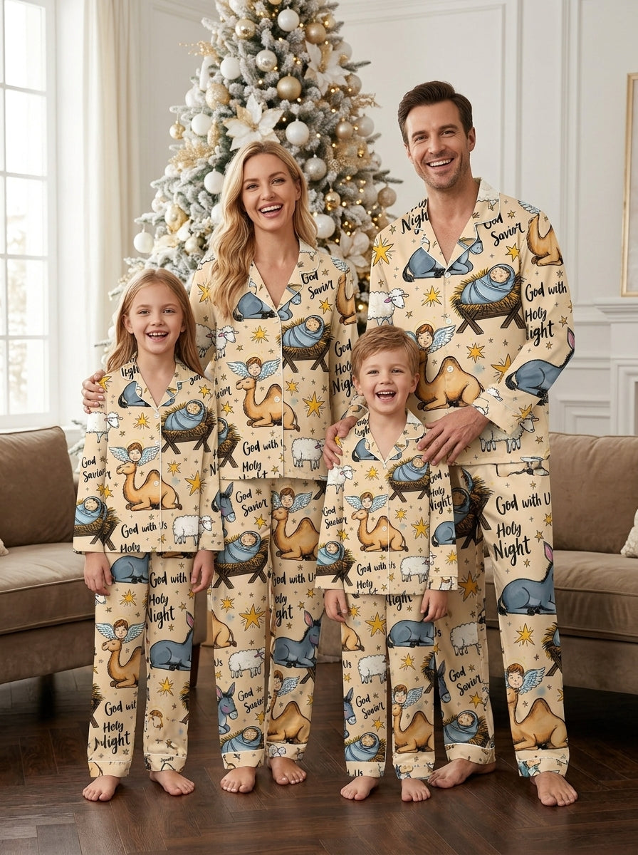 Two-Piece Set Holy Night Baby Jesus Print Family Christmas Two-Piece Button-Down PJS Long Sleeve Top and Pants with Pockets Winter Holiday Sets
