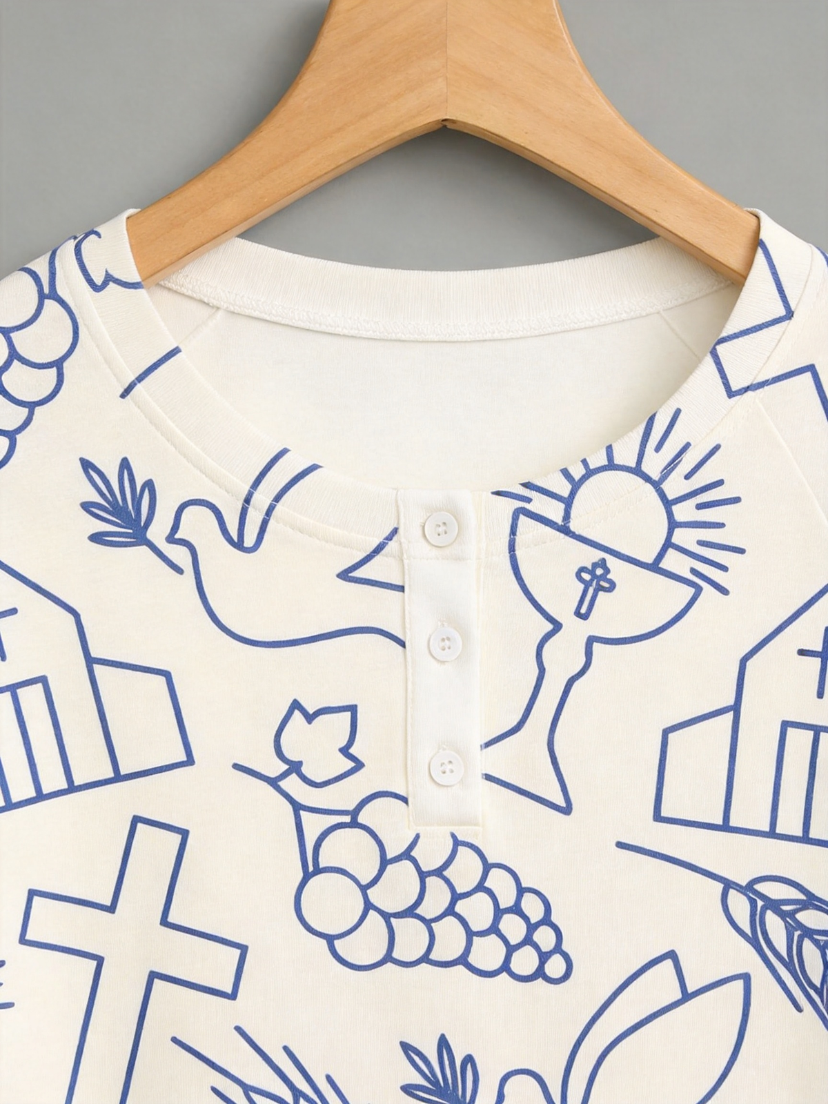Religious Cross & Dove Line Art Two-Piece Henley Neck Christian Couple Pajamas