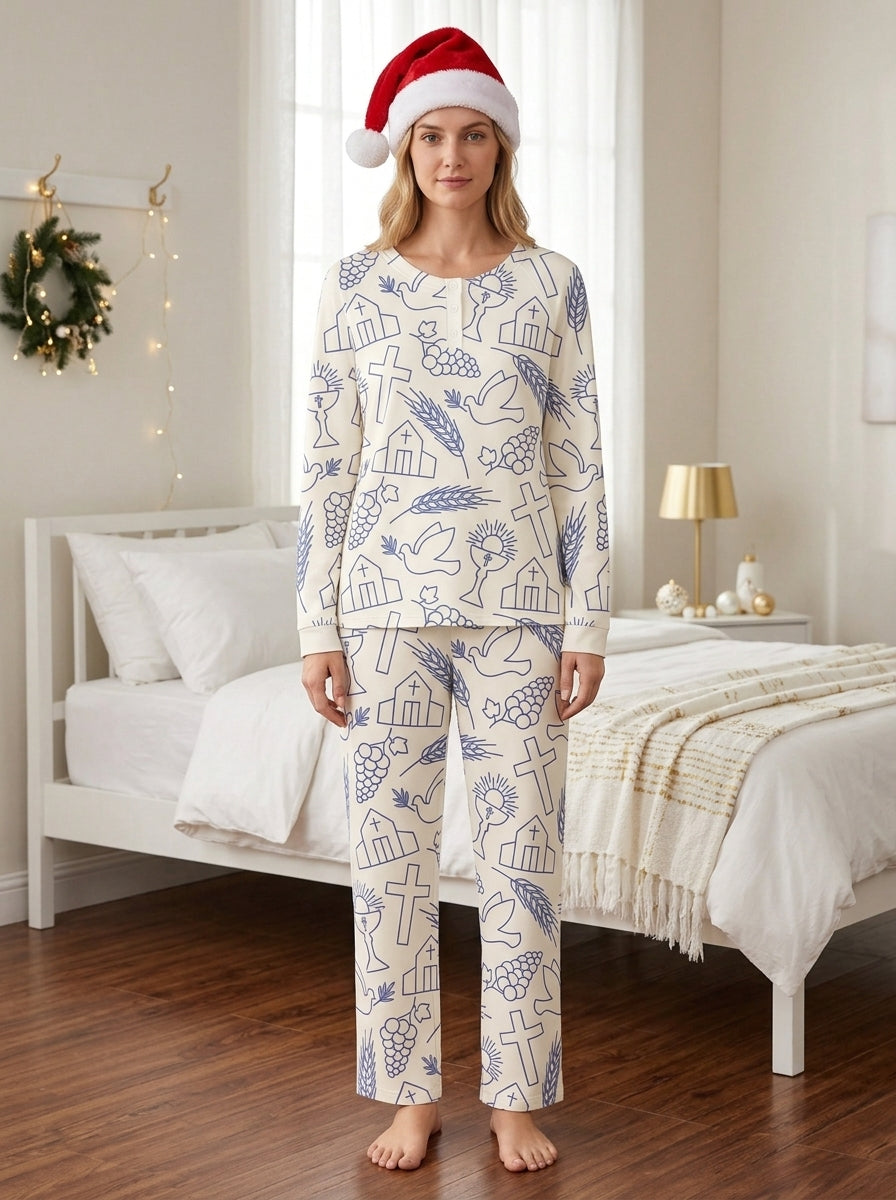 Religious Cross & Dove Line Art Two-Piece Henley Neck Christian Couple Pajamas