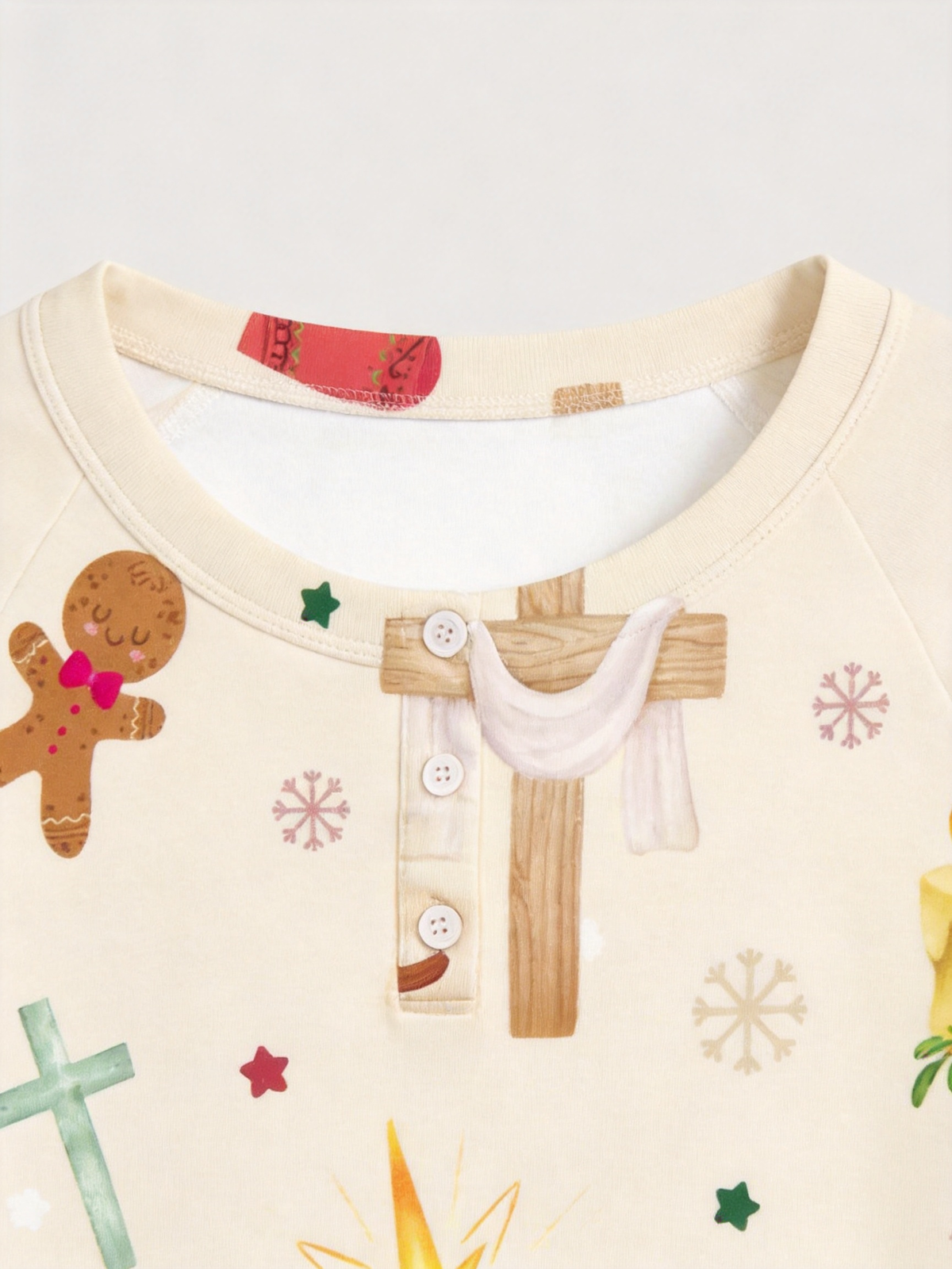 Cute Gingerbread & Nativity Scene Two-Piece Henley Neck Christmas Couple Pajamas