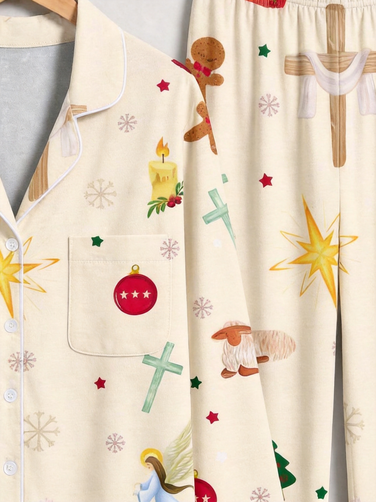 Two-Piece Set Nativity Cross Angel Print Family Christmas Two-Piece Button-Down PJS Long Sleeve Top and Pants with Pockets Winter Holiday Sets