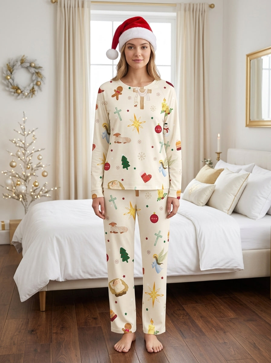 Cute Gingerbread & Nativity Scene Two-Piece Henley Neck Christmas Couple Pajamas