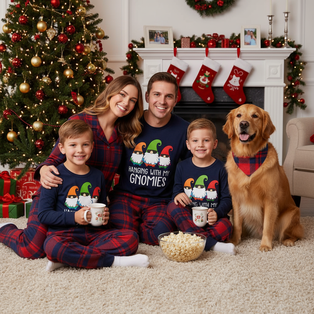 Three Santas "HANGING WITH MY GNOMIES" Monogram Print Blue Long Sleeves Top with Classic Red & Blue Plaid Pants Family Matching Pajamas