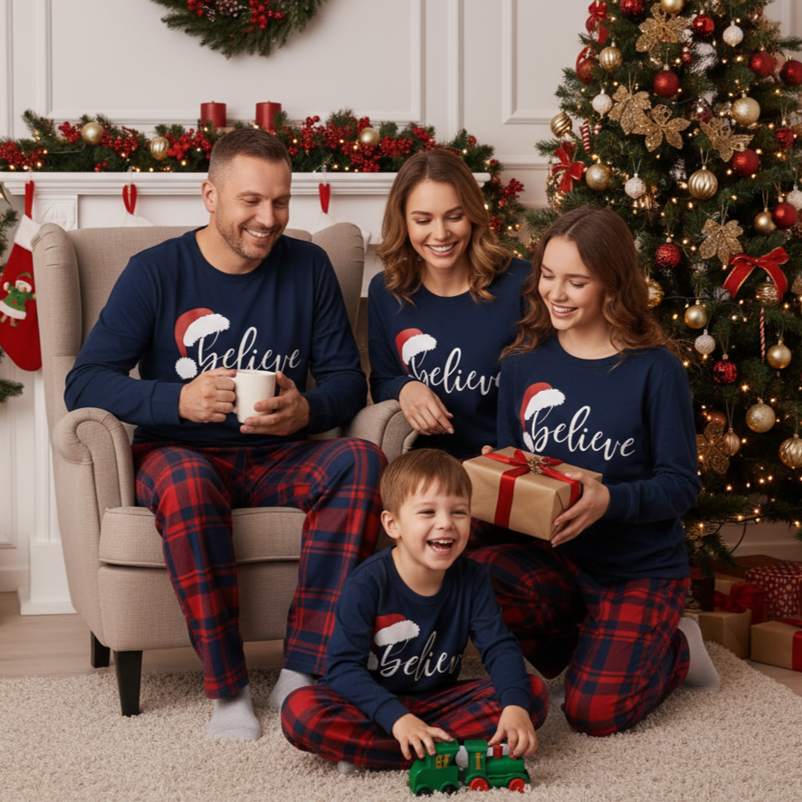 Christmas "Believe" Letter Print Blue Long Sleeve Top with Red & Blue Plaid Christmas Family Matching Pajamas