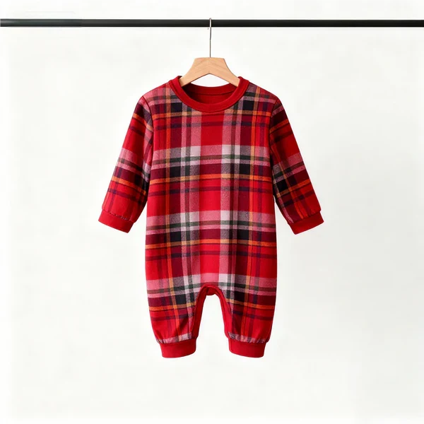 Holiday Pajamas Set for Whole Family – Gray Button-Neck Tee & Red Plaid Pants