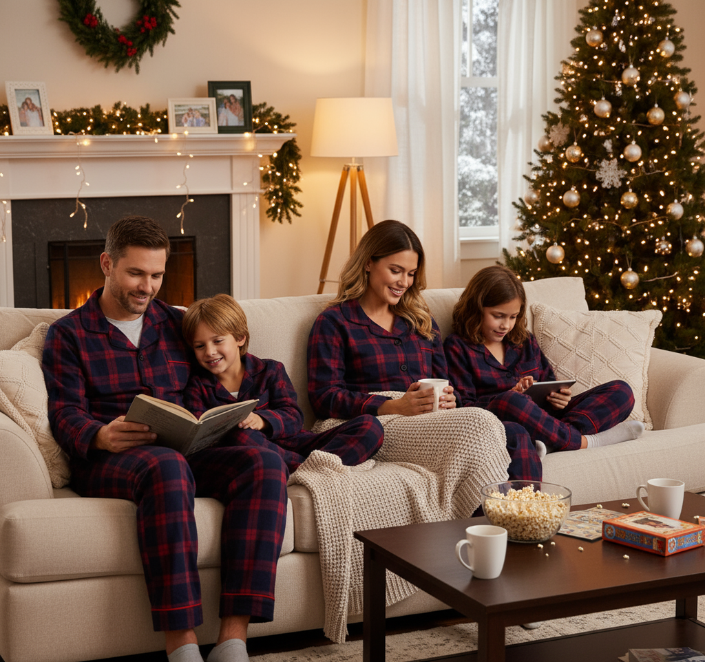 Holiday Family Button-down Christmas Blue and Red Plaid Pajamas Set