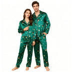 Holiday Couple Button-down Green Satin Christmas Pajamas Set