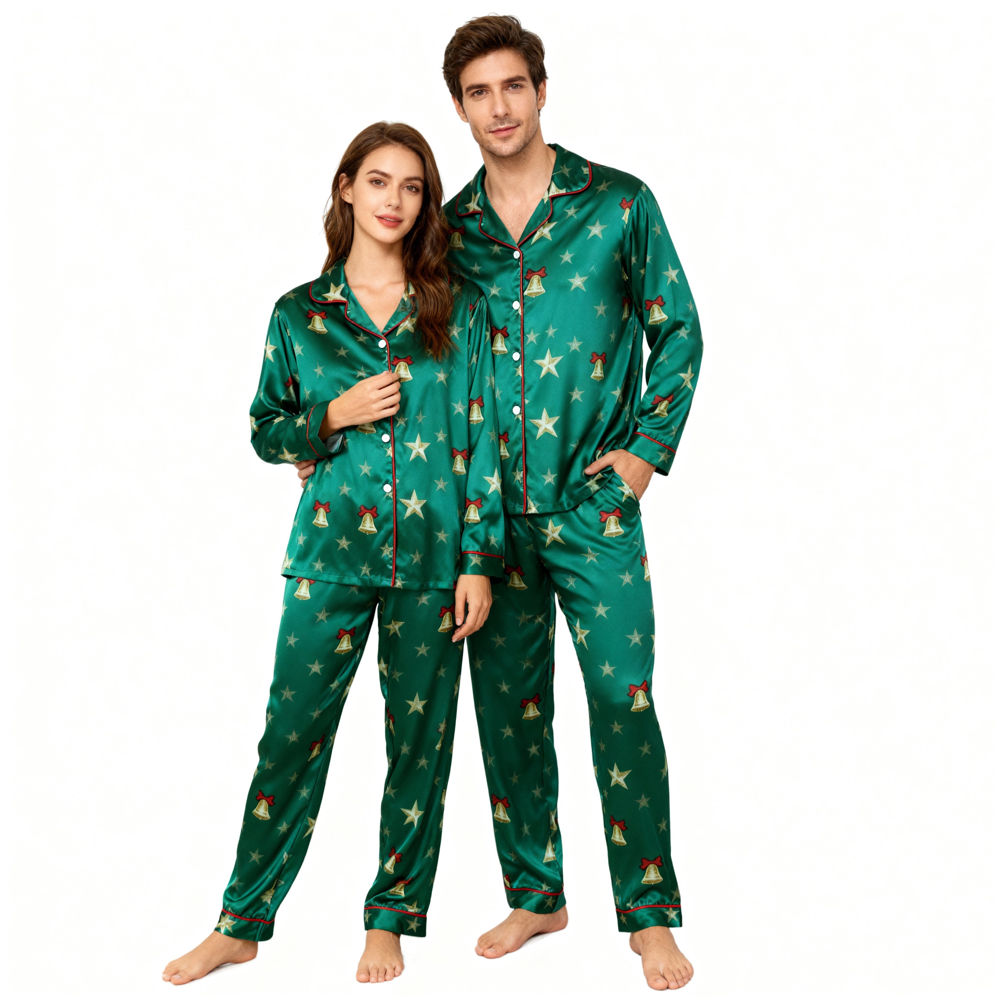 Holiday Couple Button-down Green Satin Christmas Pajamas Set