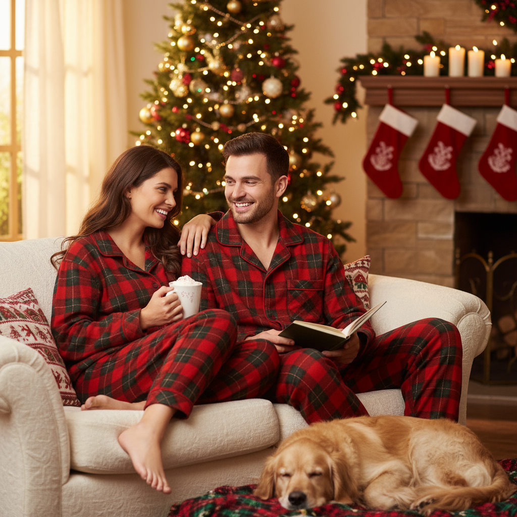 Family Matching Red and Green Plaid Button Up Long-sleeve Pajamas Sets