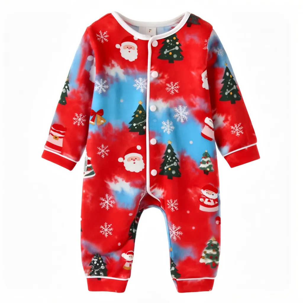Holiday Family Button-Up Red Tie-dyed Christmas Pajamas Set