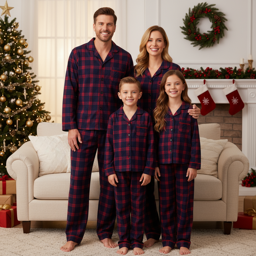 Holiday Family Button-down Christmas Blue and Red Plaid Pajamas Set