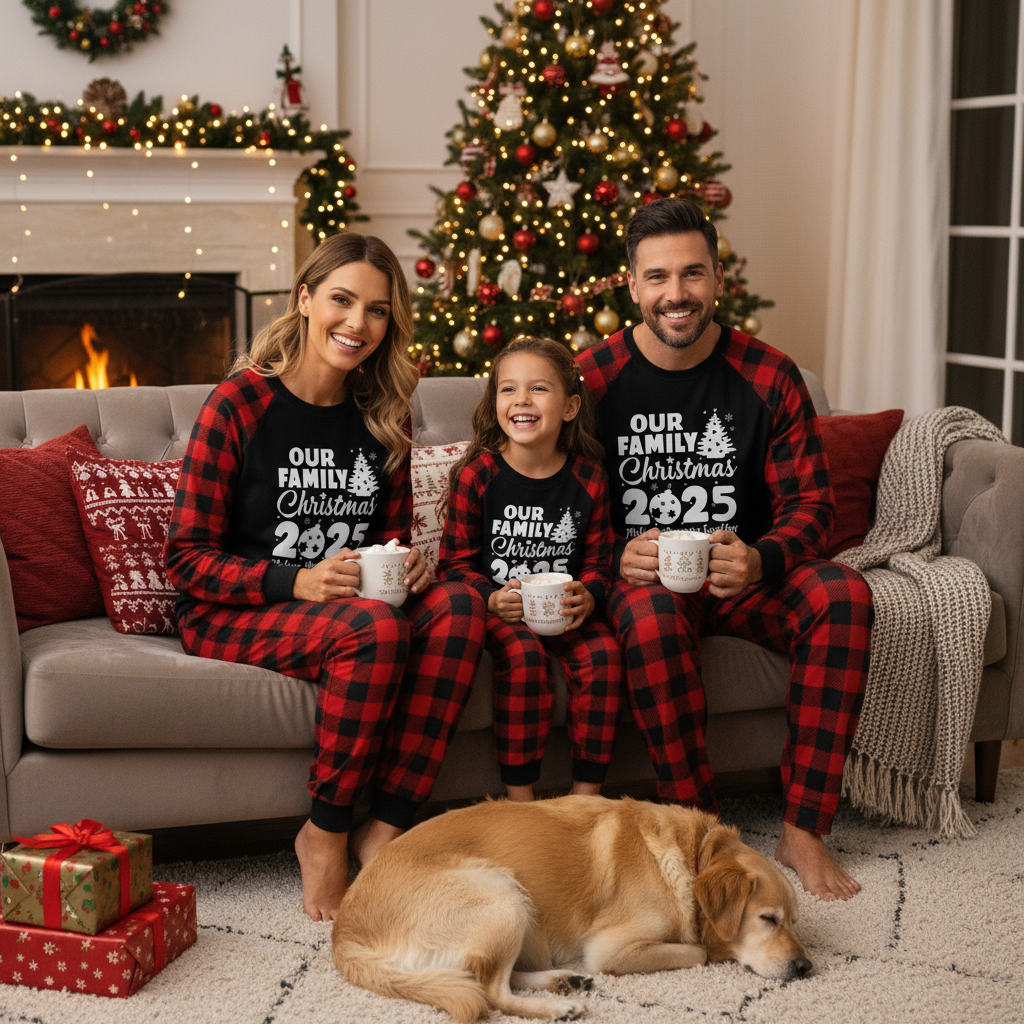 Arrive in 3-5 days - Christmas Tree & "2025 Making Memories Together" Patterned Contrast top and Black & Red Plaid Pants Family Matching Pajamas Set
