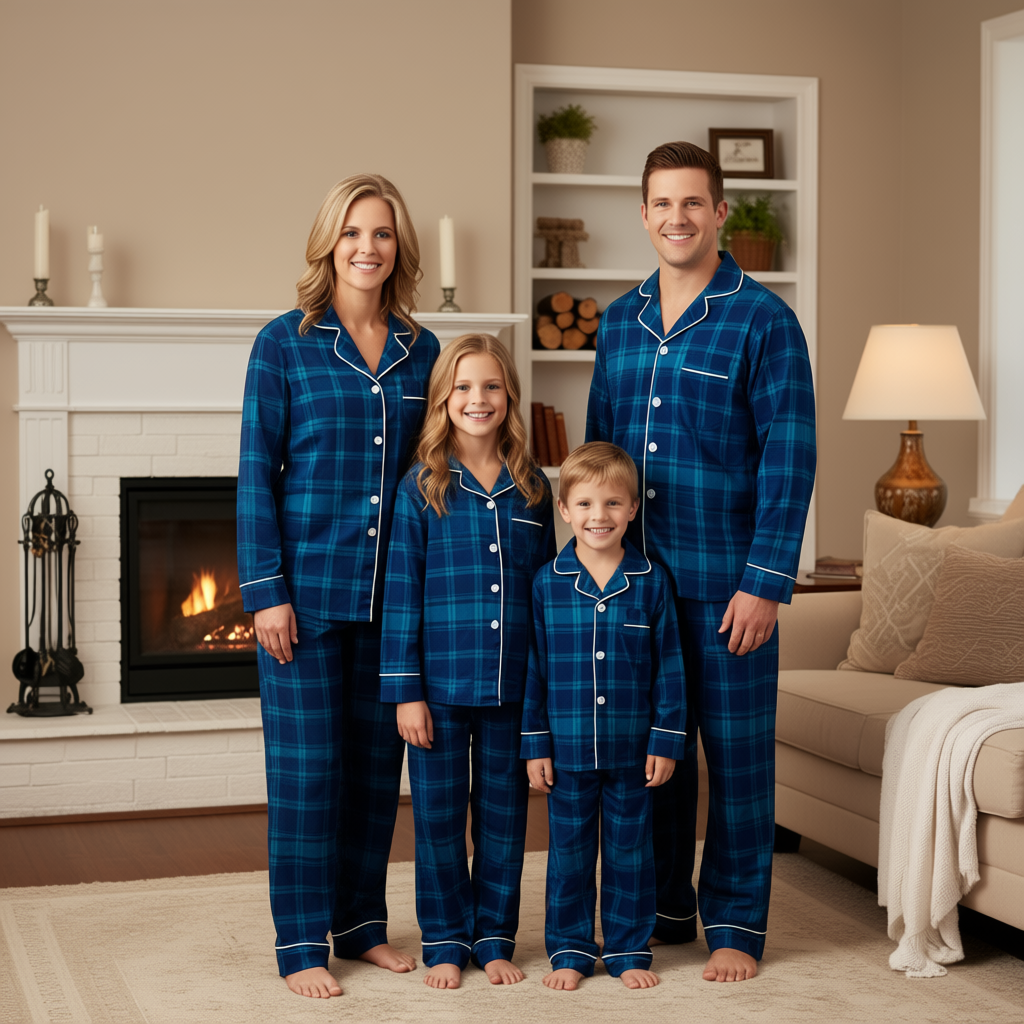 Family Christmas Blue Plaid Button-Front Pajamas Sets