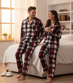 Couple Christmas Red and White Plaid Button-Front Pajamas Sets