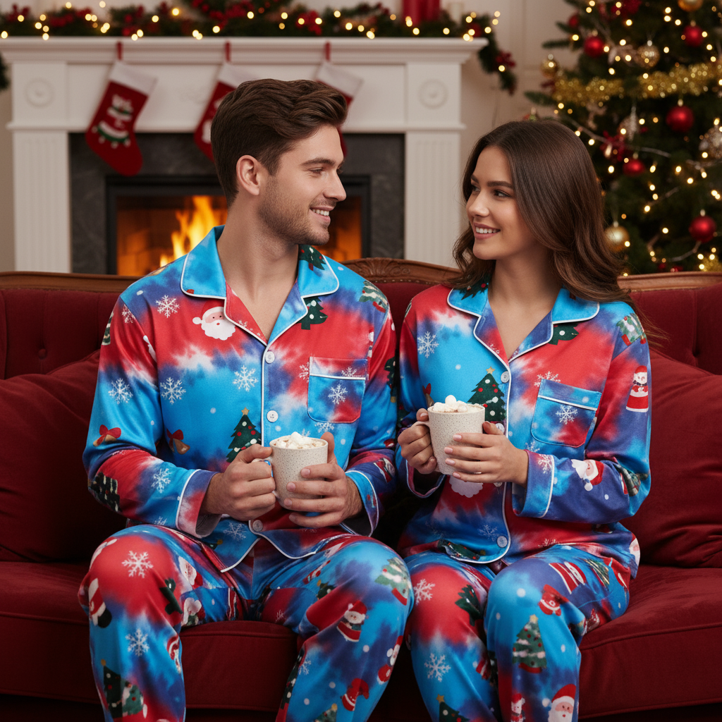 Holiday Couple Button-Up Tie-dyed Christmas Pajamas Set