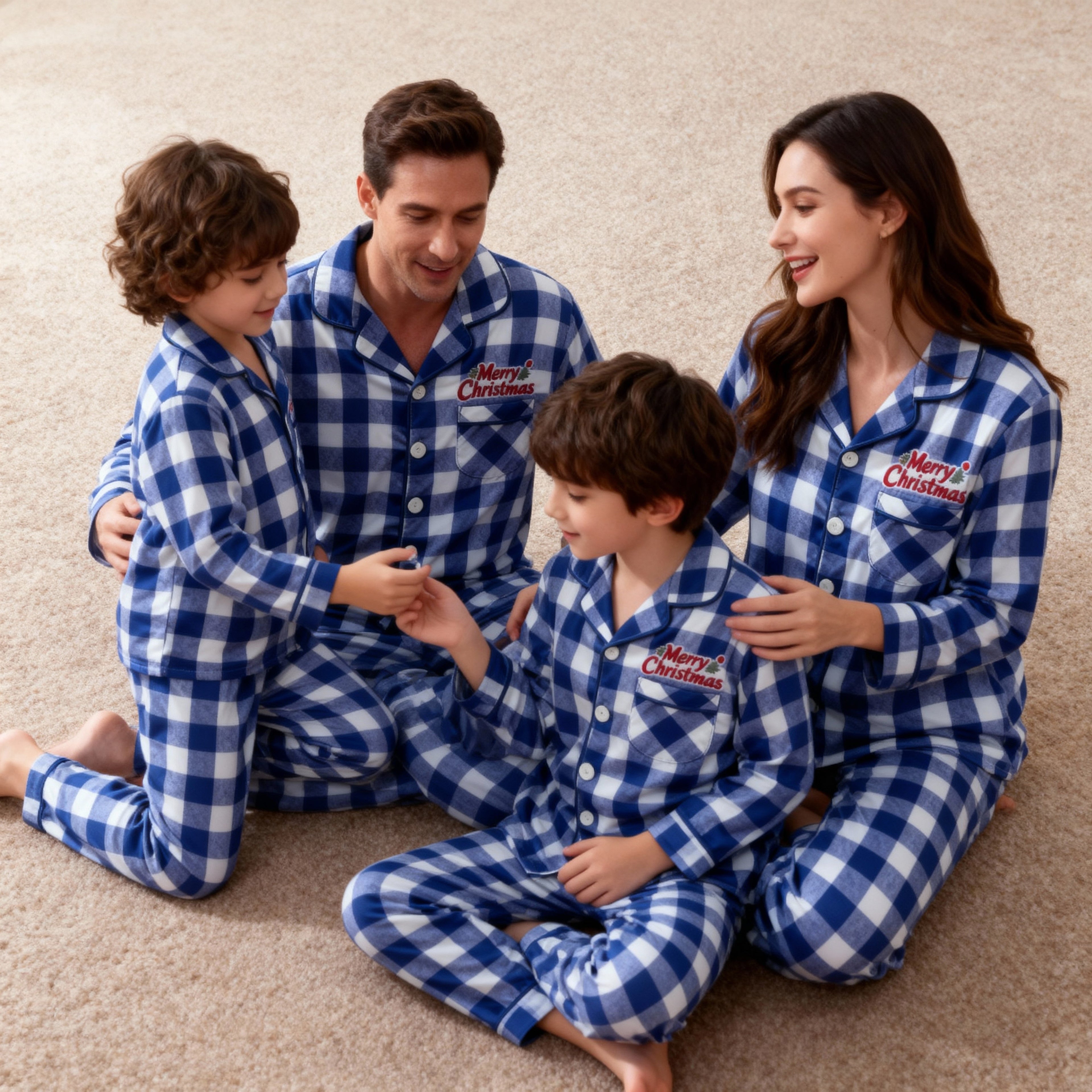 Holiday Family Button-down Christmas Blue and White Plaid Pajamas Set