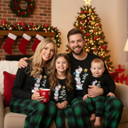 Christmas Family Matching Pajamas-Black Top and Green Plaid Pants Pjs Set with Snowman Cartoon Print
