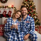 Holiday Family Button-down Christmas Blue and White Plaid Pajamas Set