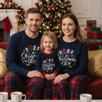 "2025 Christmas Crew" Text and Santa Hat Prints Blue Long Sleeves Top with Red and Blue Plaid Pants Christmas Matching Pajamas