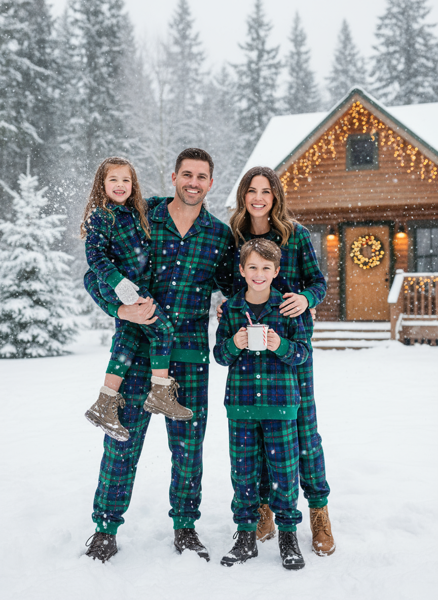 Cozy Green Plaid Button-Up Christmas PJs for Family