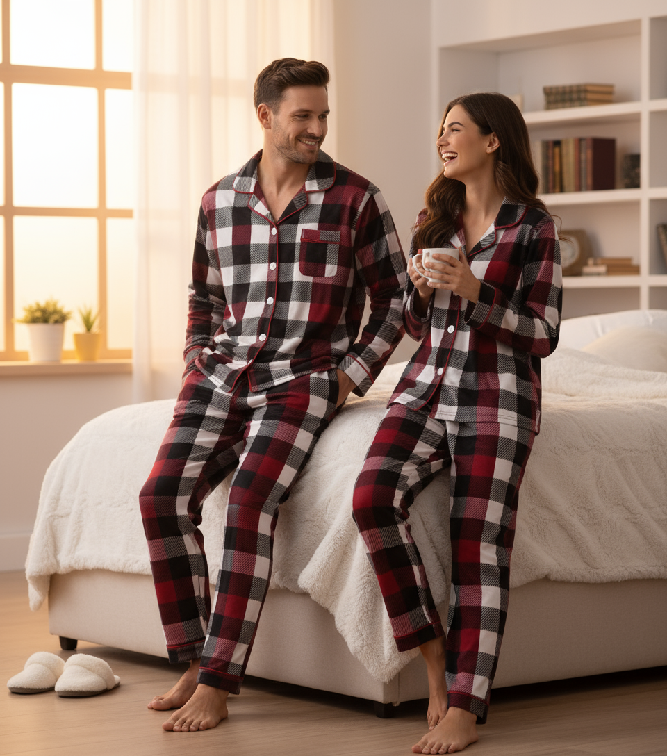 Family Christmas Red and White Plaid Button-Front Pajamas Sets