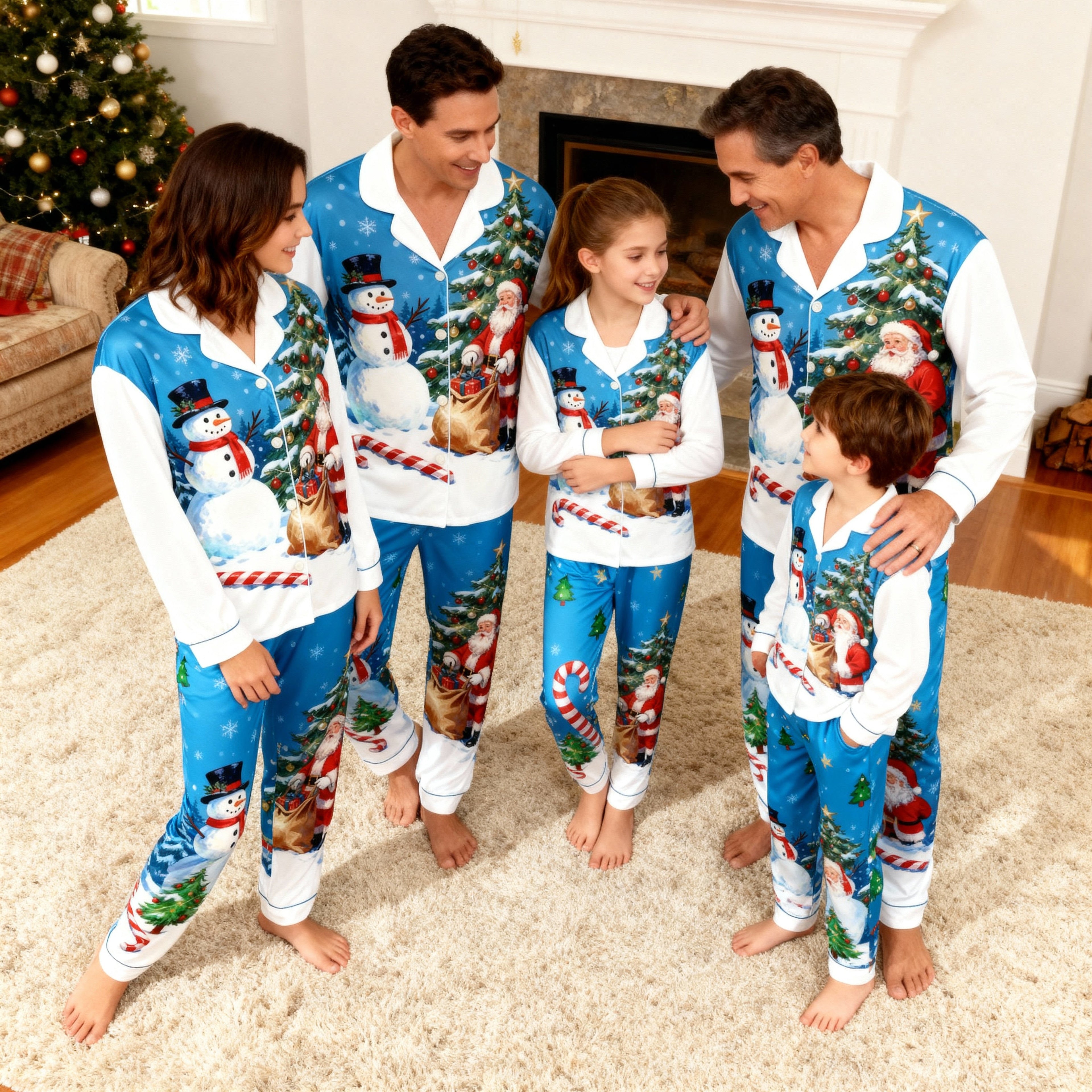 Holiday Family Button-Up Santa and Snowman Printed Satin Christmas Pajamas Set