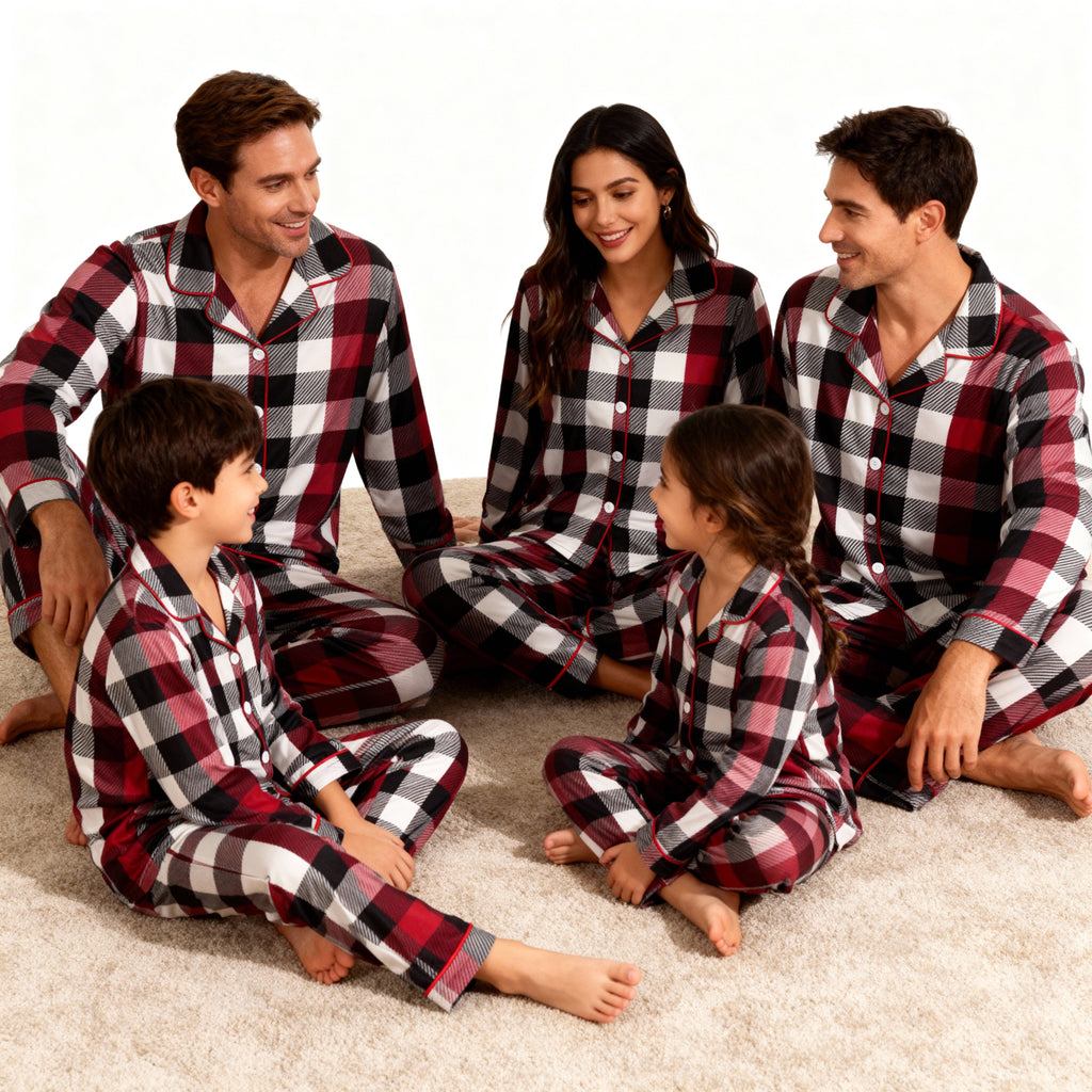 Family Christmas Red and White Plaid Button-Front Pajamas Sets